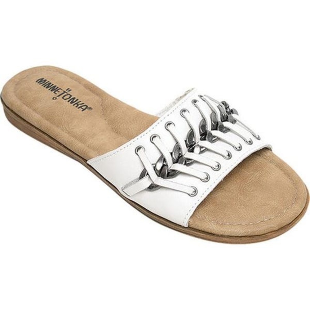 Minnetonka Paris White Leather Chain Slides sz 9
